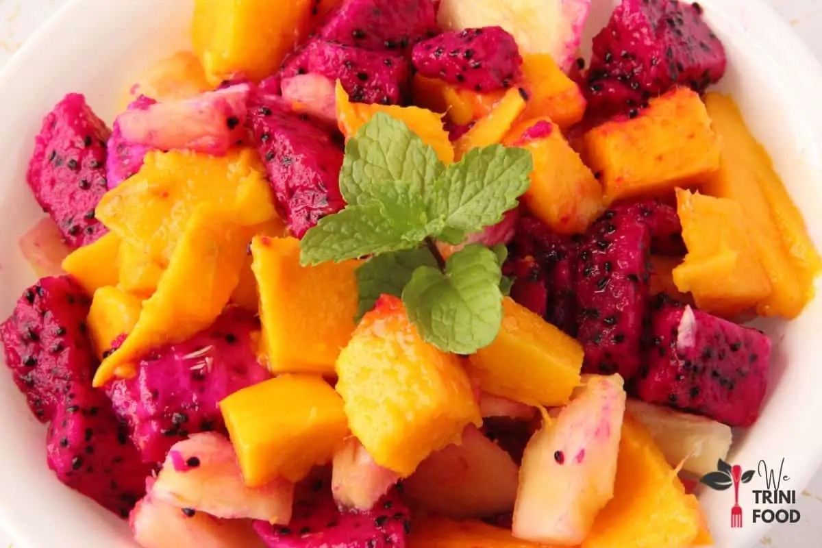 tossed tropical fruit salad with dragon fruit