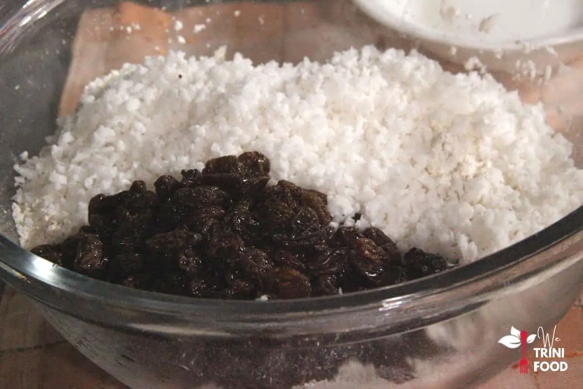 add coconut and raisins to dry ingredients