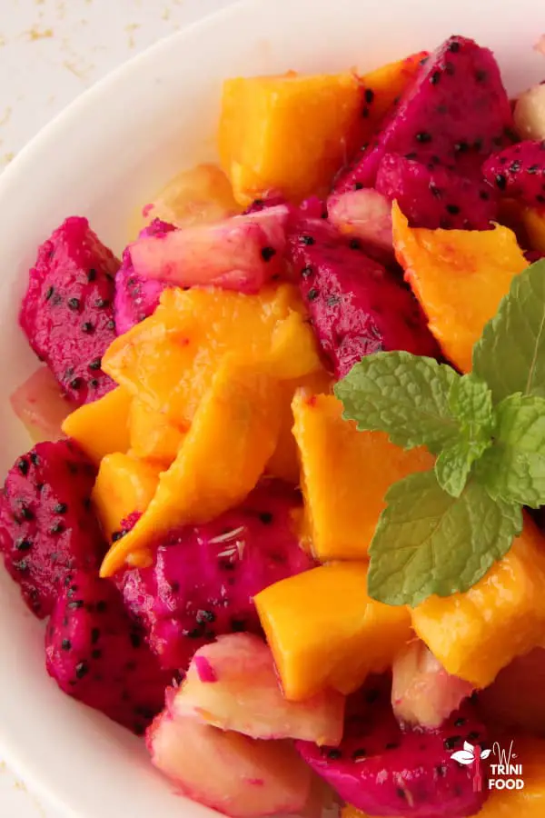 tropical dragon fruit salad with mango and pineapple