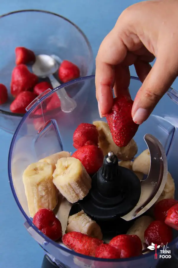 frozen strawberries and banana in food processor