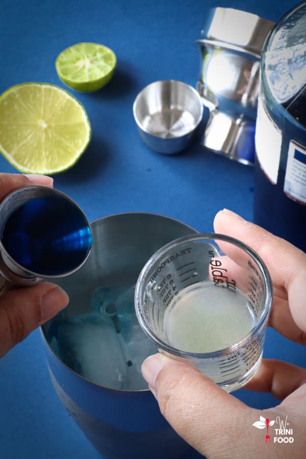 blue kamikaze drink ingredients in shaker