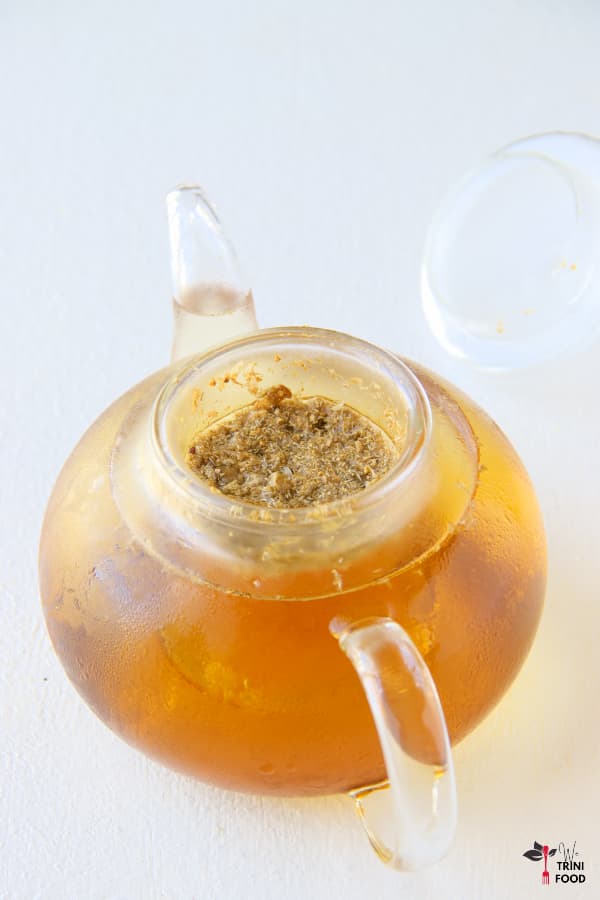 open teapot with cold brew chamomile tea