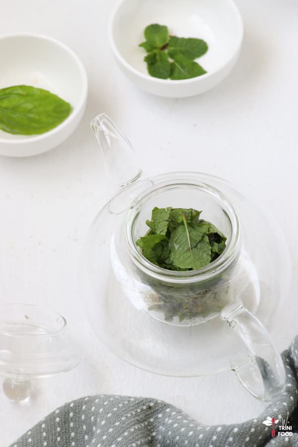 add basil and mint leaves to the infuser