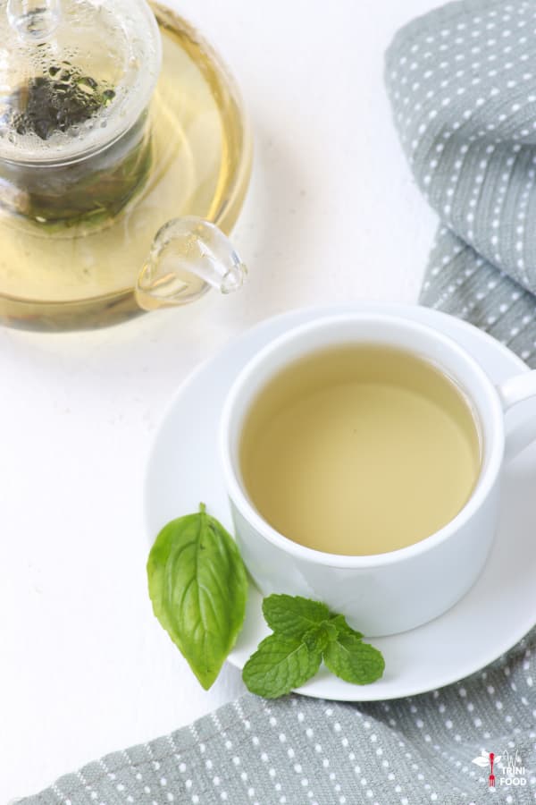 basil mint tea in teacup