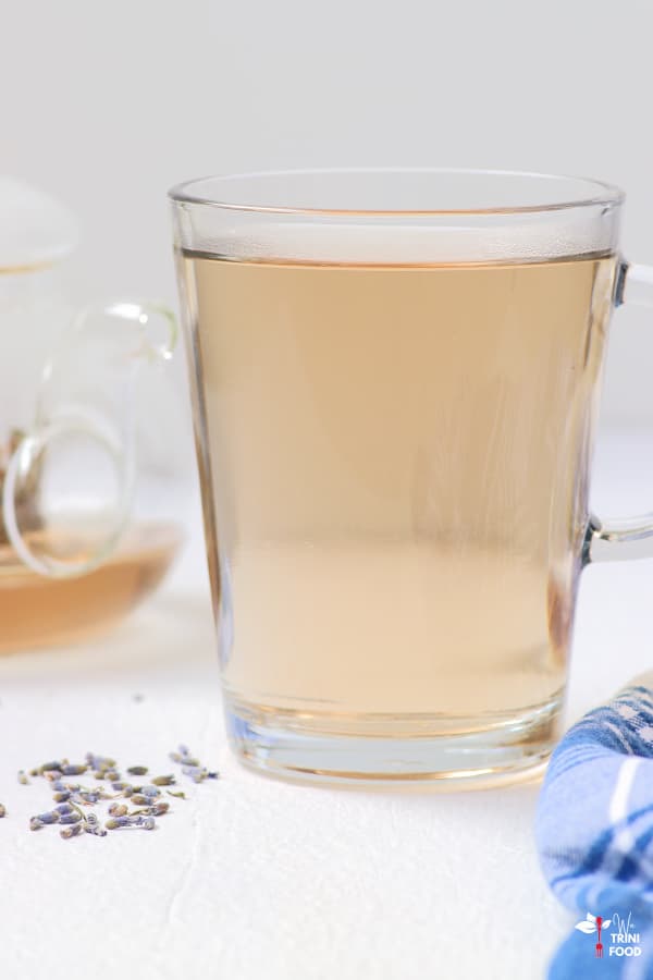 lavender tea in clear mug