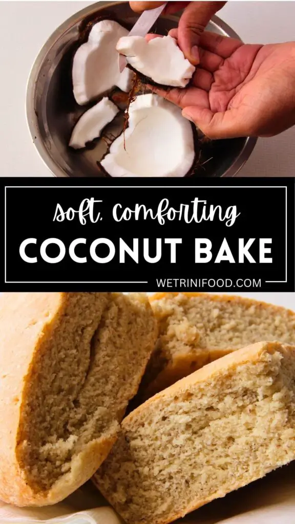soft comforting coconut bake text with photos of extracting coconut meat and wedges of coconut bake bread