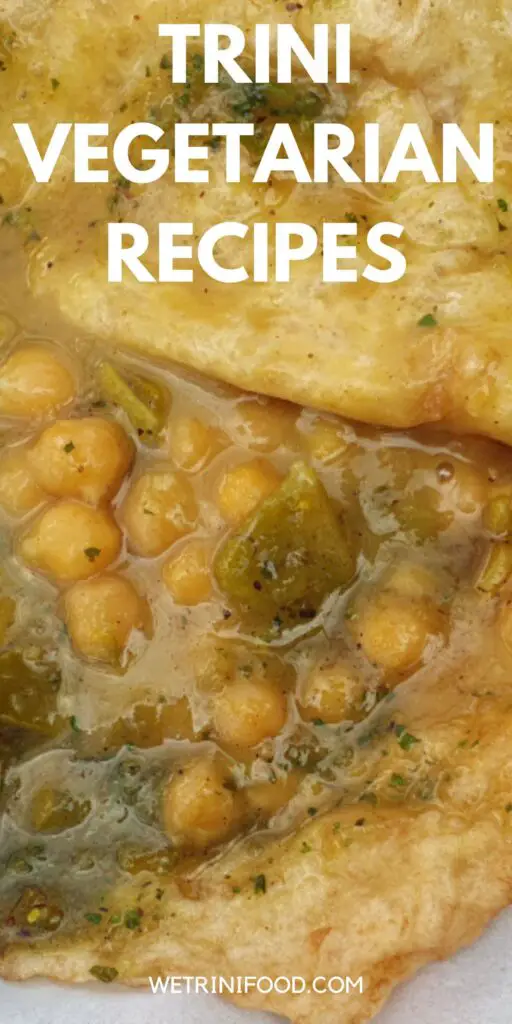 trini vegetarian recipes text overlay on a photo of trinidad doubles with mango sweet sauce