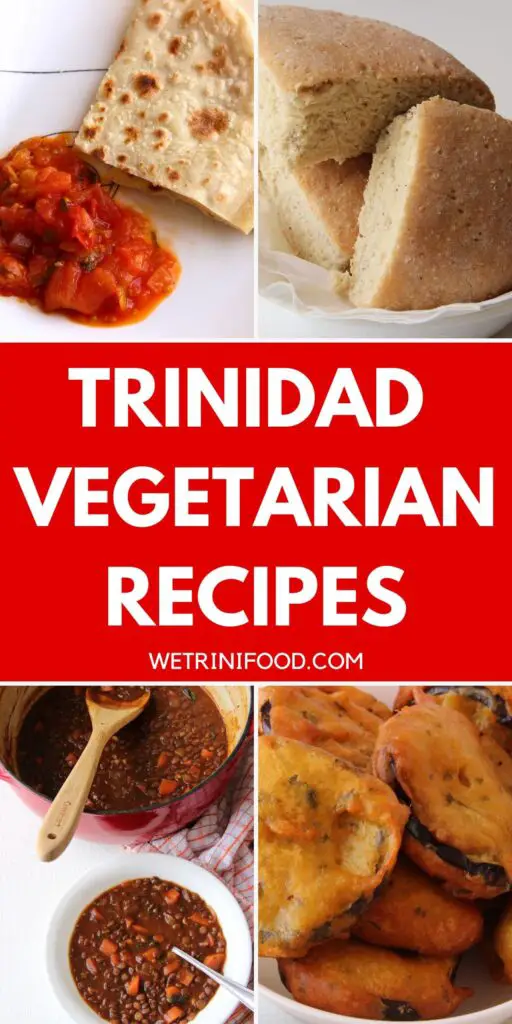 trinidad vegetarian recipes with photos of sada roti and tomato choka, coconut bake, stewed lentils and baiganee