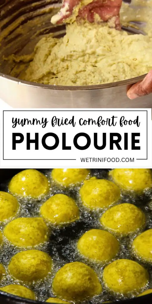 yummy fried comfort food pholourie text with a photo of kneading dough and frying pholourie