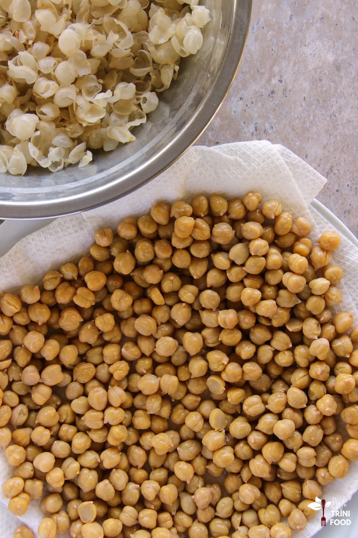 removing the skin of garbanzo beans before roasting