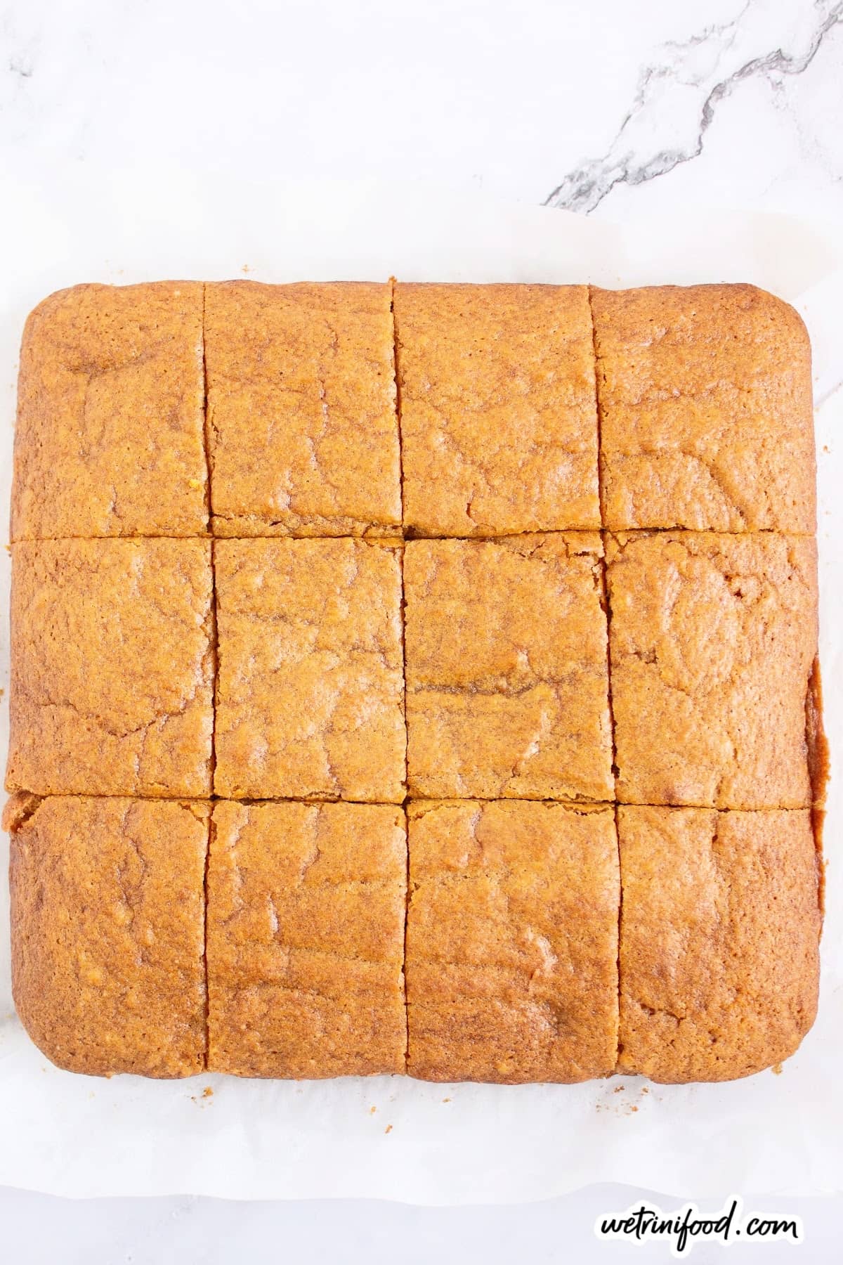 sliced and cooled pumpkin blondies for making mummy treats