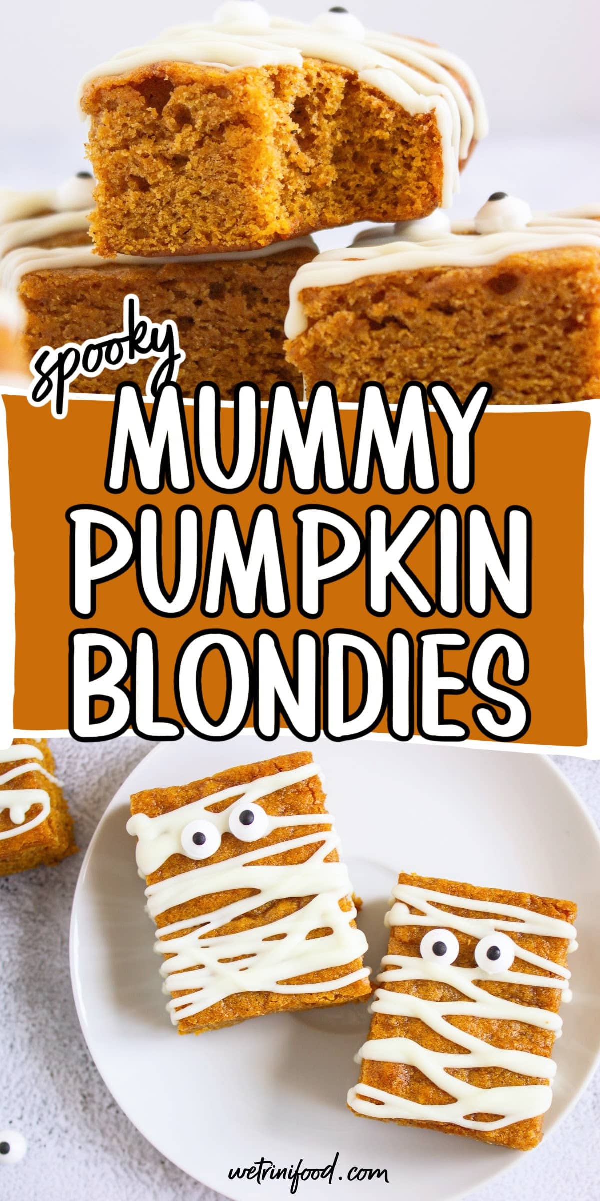spooky mummy pumpkin blondies text overlay on a photo of the decorated blondies from overhead and from the side view