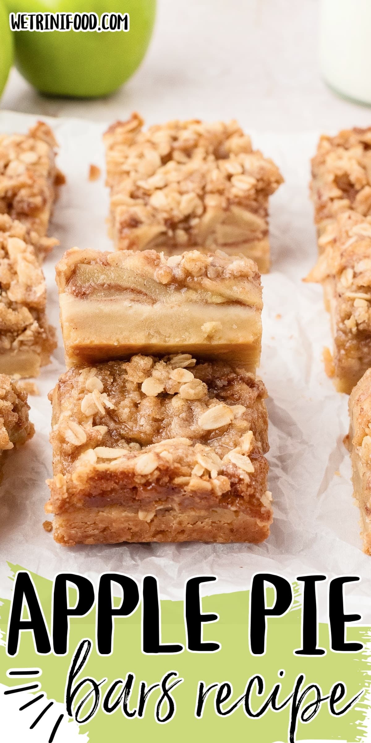 apple pie bars recipe text overlay on a photo of apple pie bars with granny smith apples and milk in the background