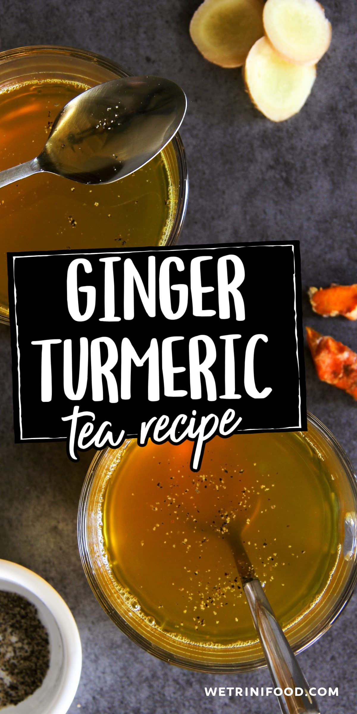 ginger and turmeric tea recipe text overlay on a top down view of ginger and turmeric tea