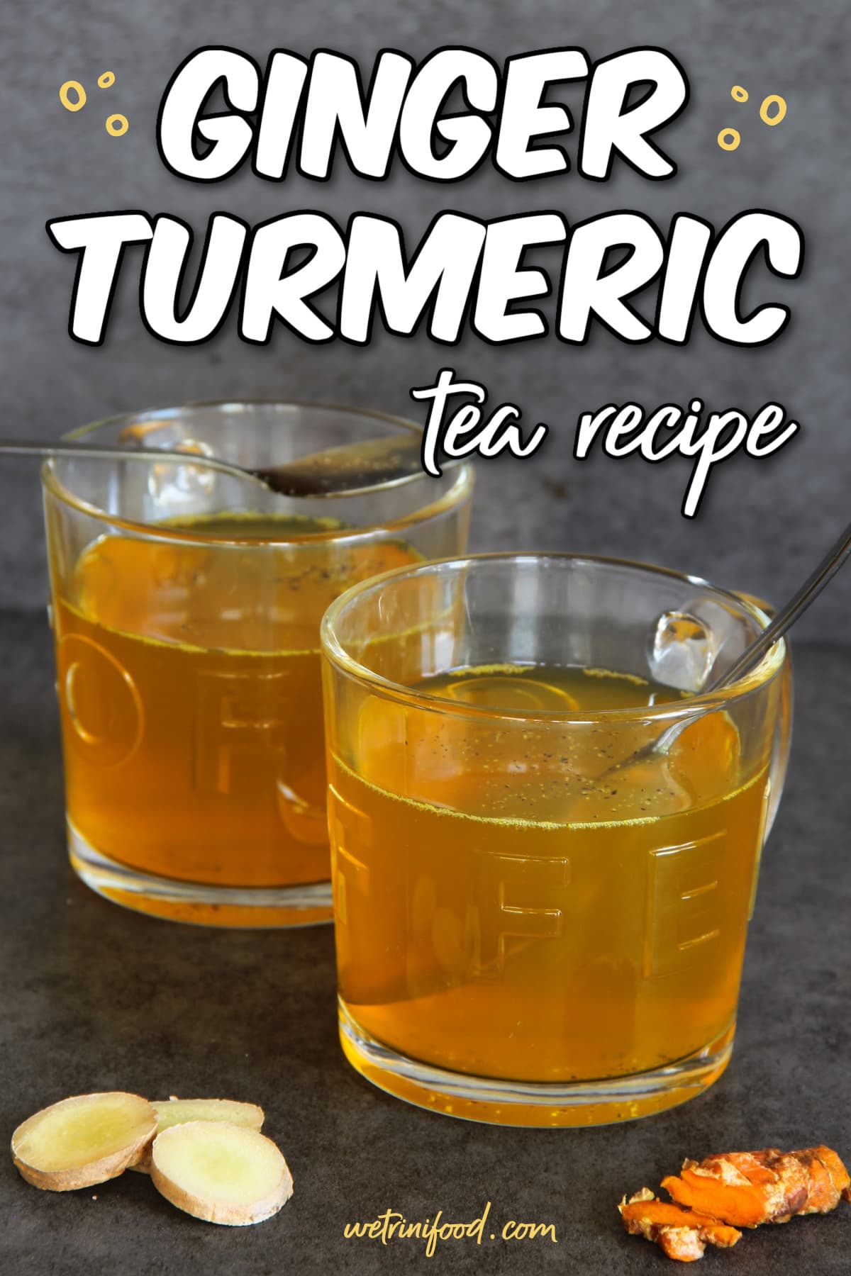ginger turmeric tea recipe on a side view photo of ginger and turmeric tea