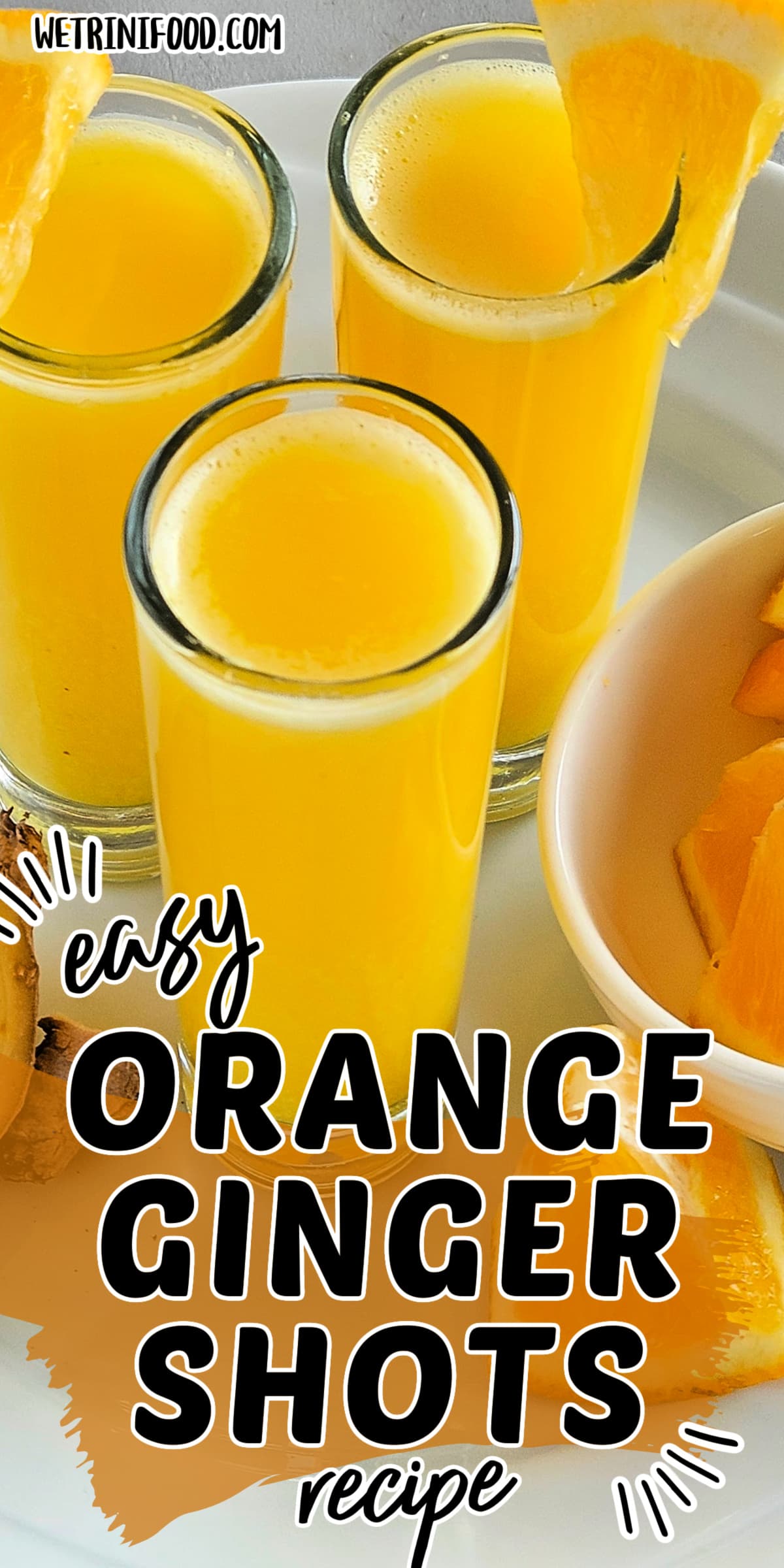 easy orange ginger shots recipe text overlay on a photo of orange ginger shots