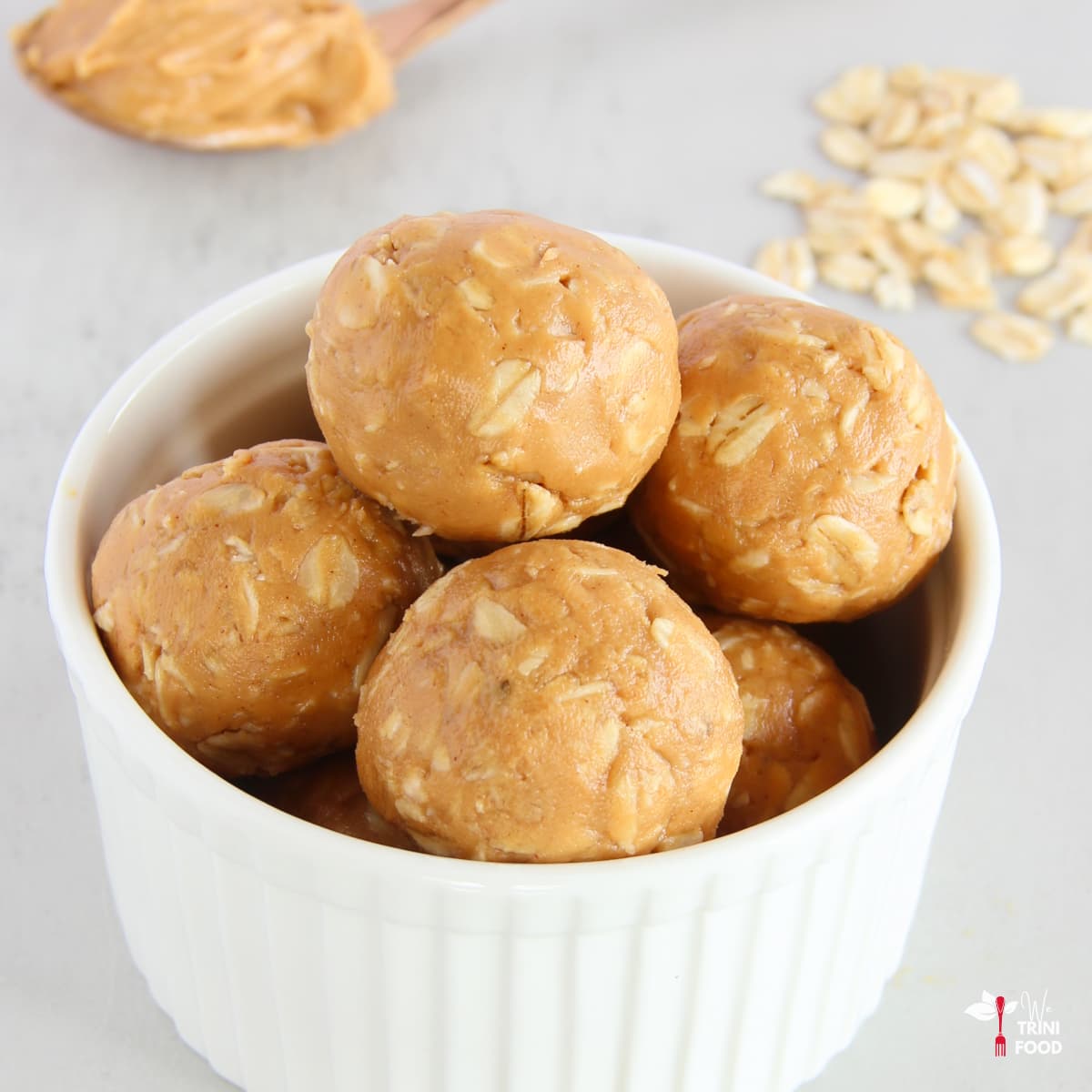 no bake peanut butter oat balls in small ramekin