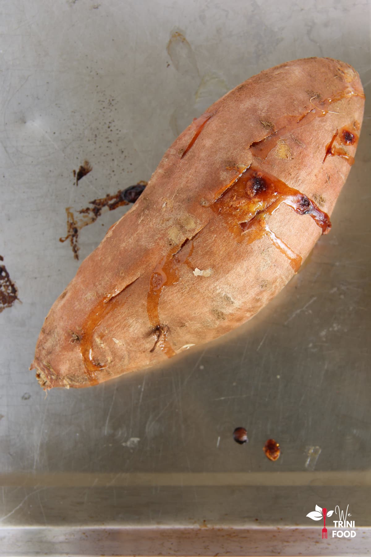 Baked sweet potato out of the oven
