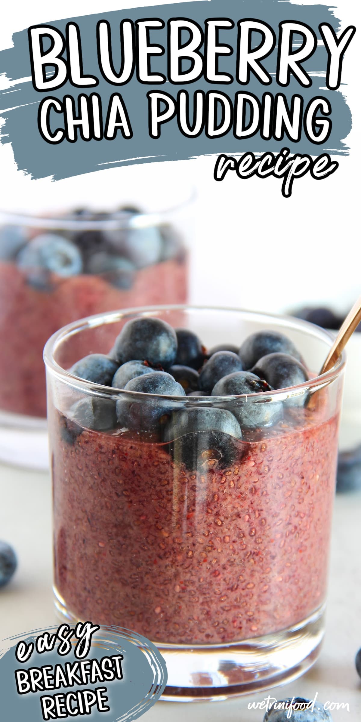 blueberry chia seed pudding: easy breakfast recipe text overlay on a photo of blueberry chia seed pudding with blueberries on top
