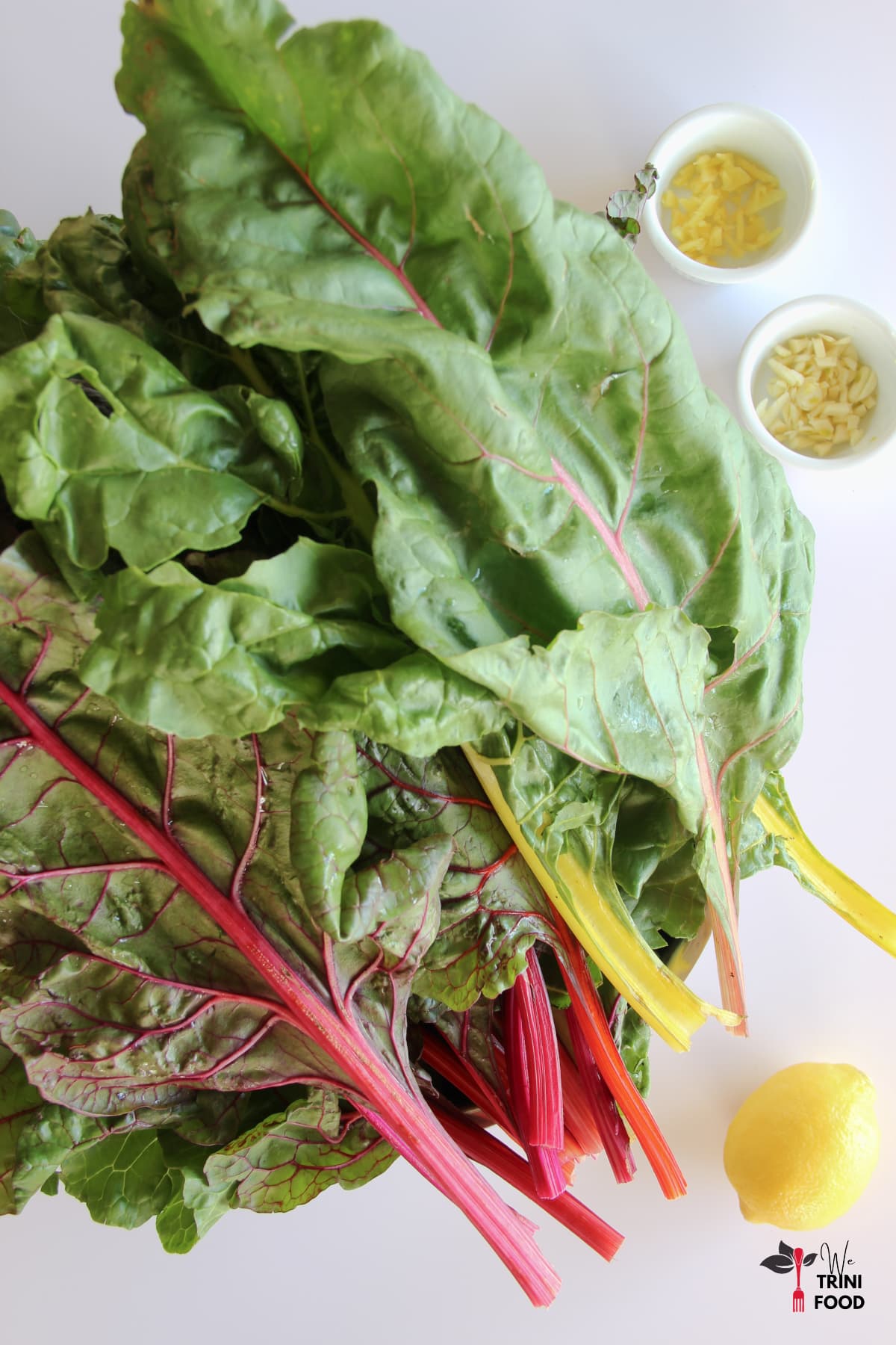 washed swiss chard leaves and ingredients